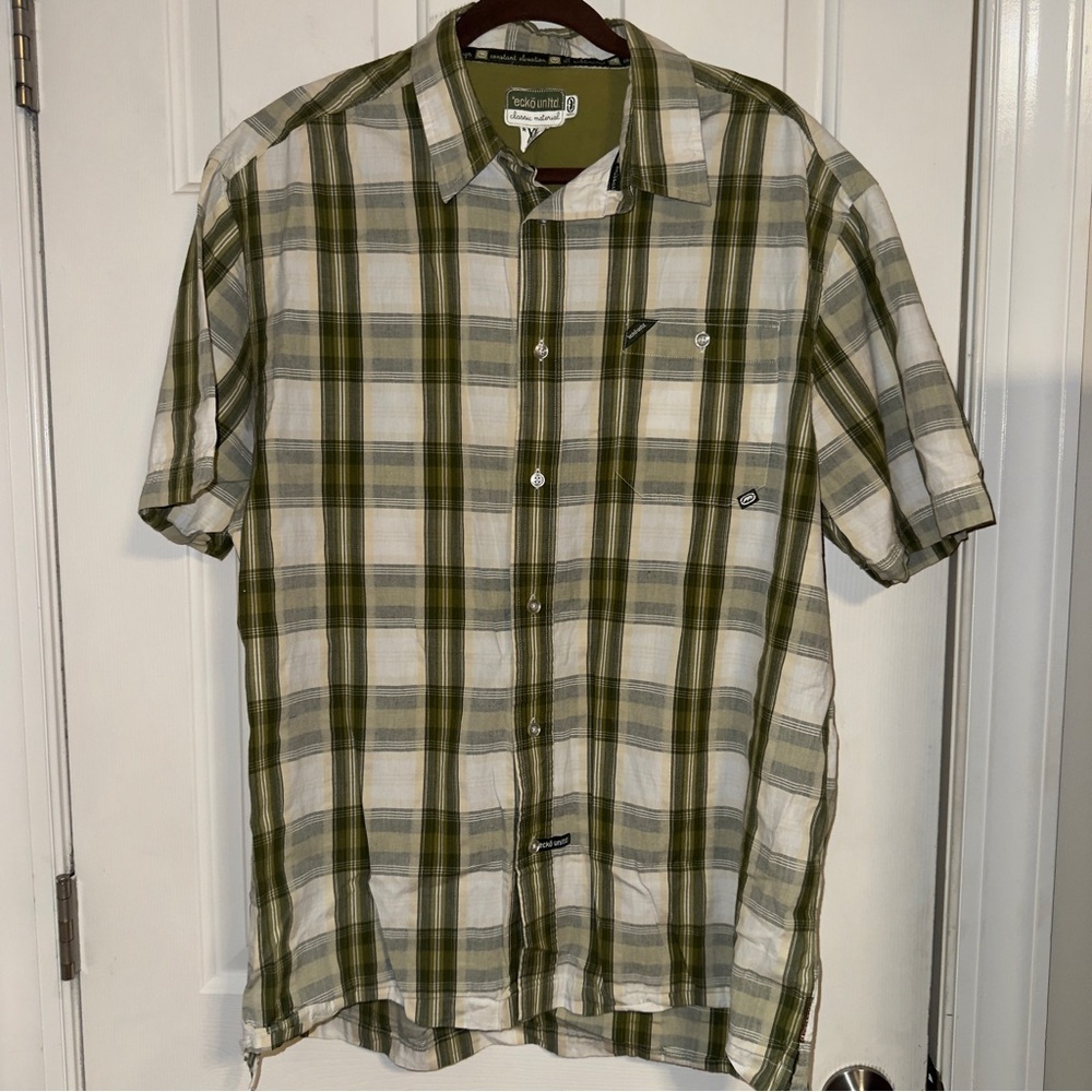 Mens Ecko Unltd Olive Green Plaid Short Sleeve Button Down Shirt XL Y2K Vintage